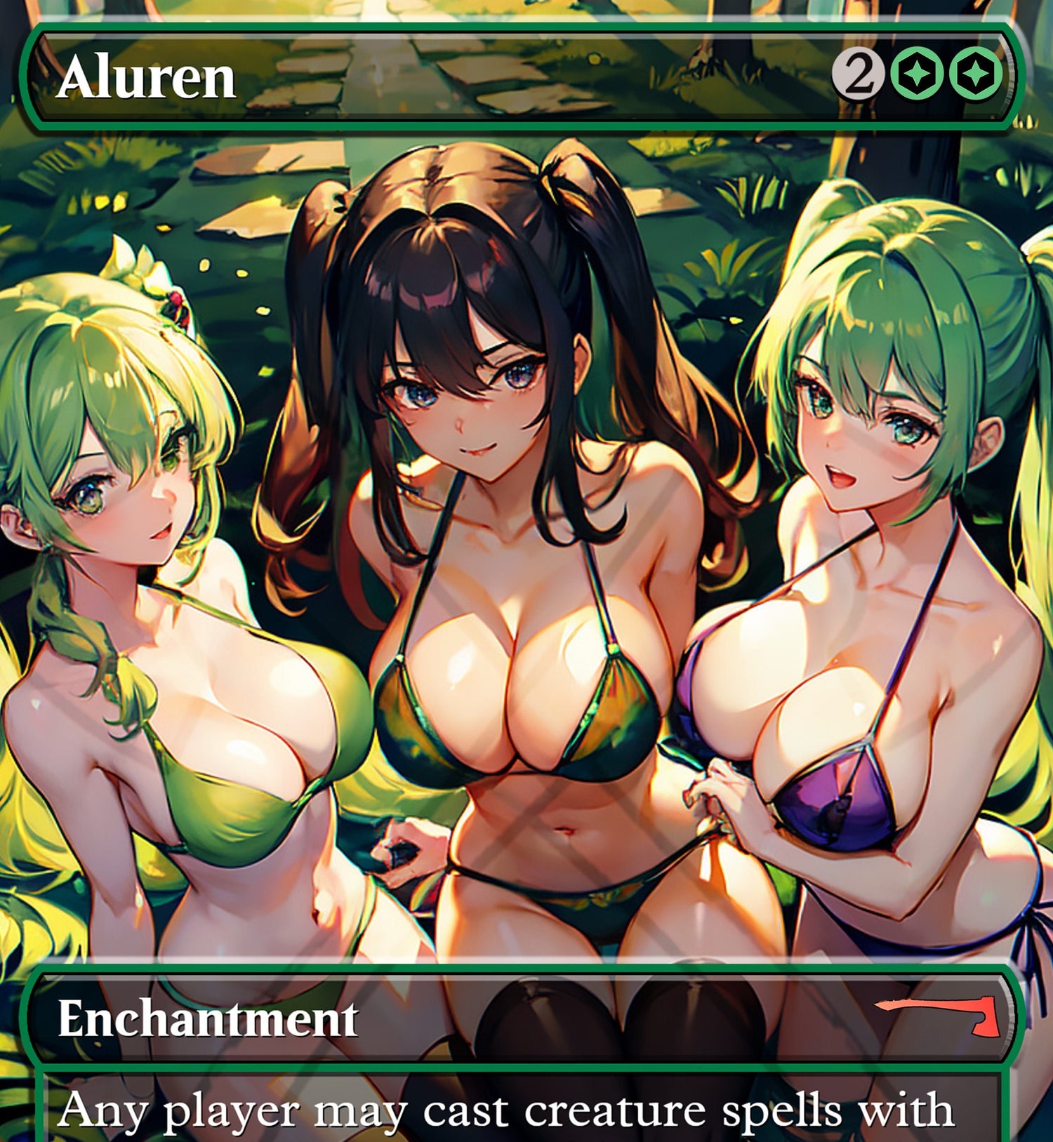 Aluren magic the gathering proxy green staple with three women fantasy waifu alternate design art enchantment