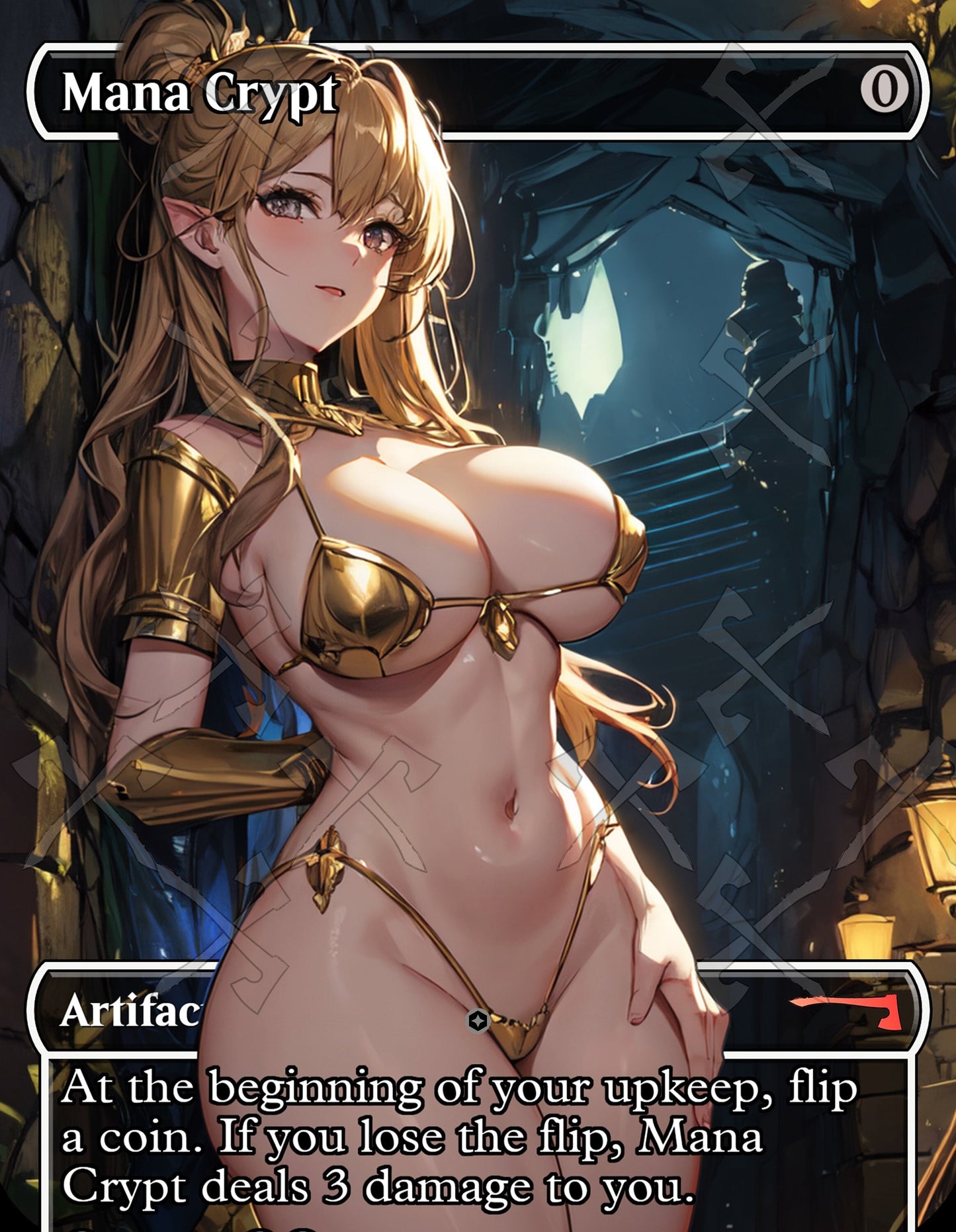 Mana Crypt with a blonde woman with big breasts in a bikini