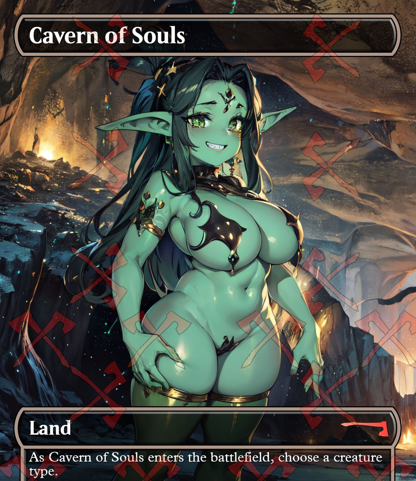 Cavern of Souls with a green goblin that has large breasts and a smile.