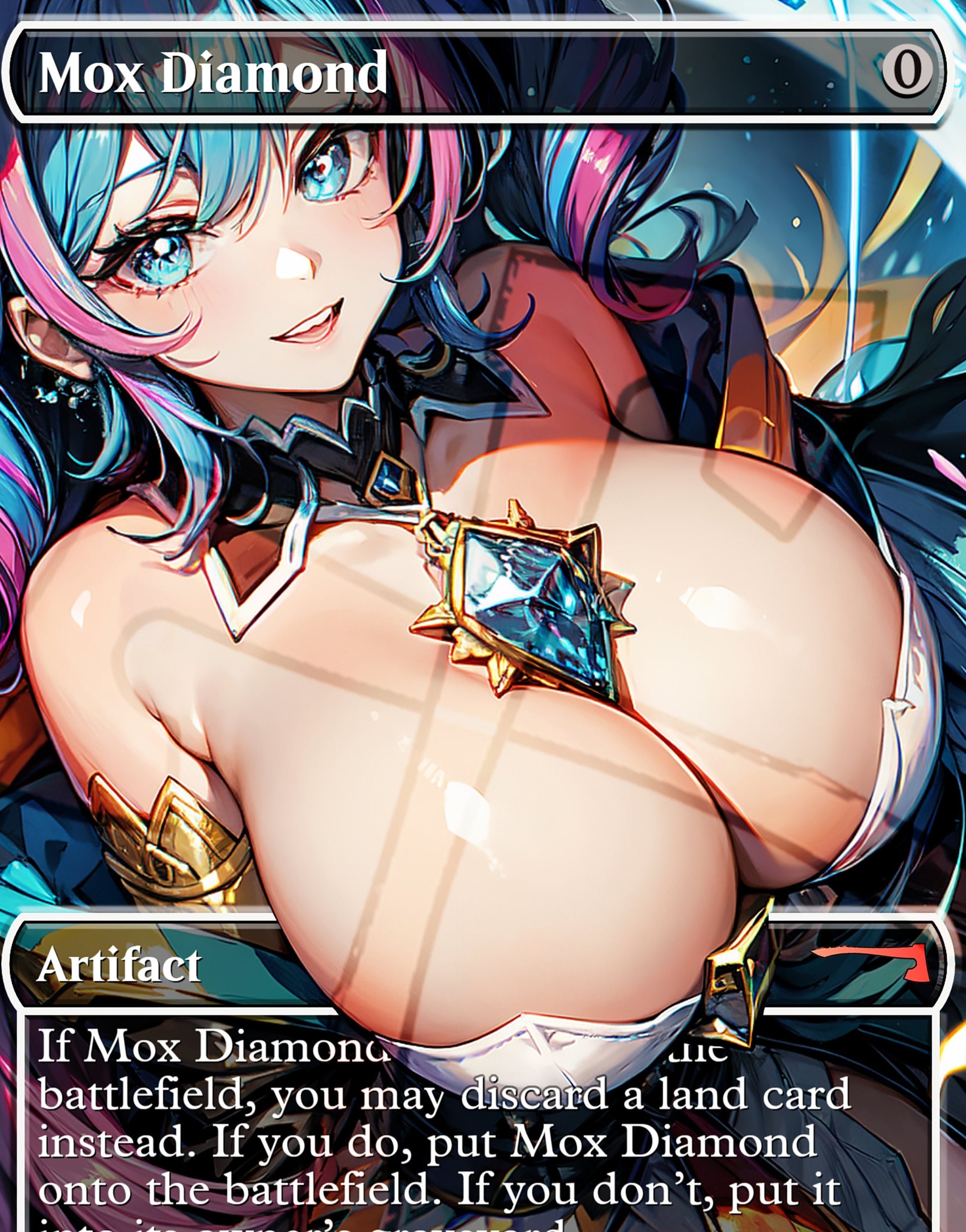 Mox diamond resting between big breasts.