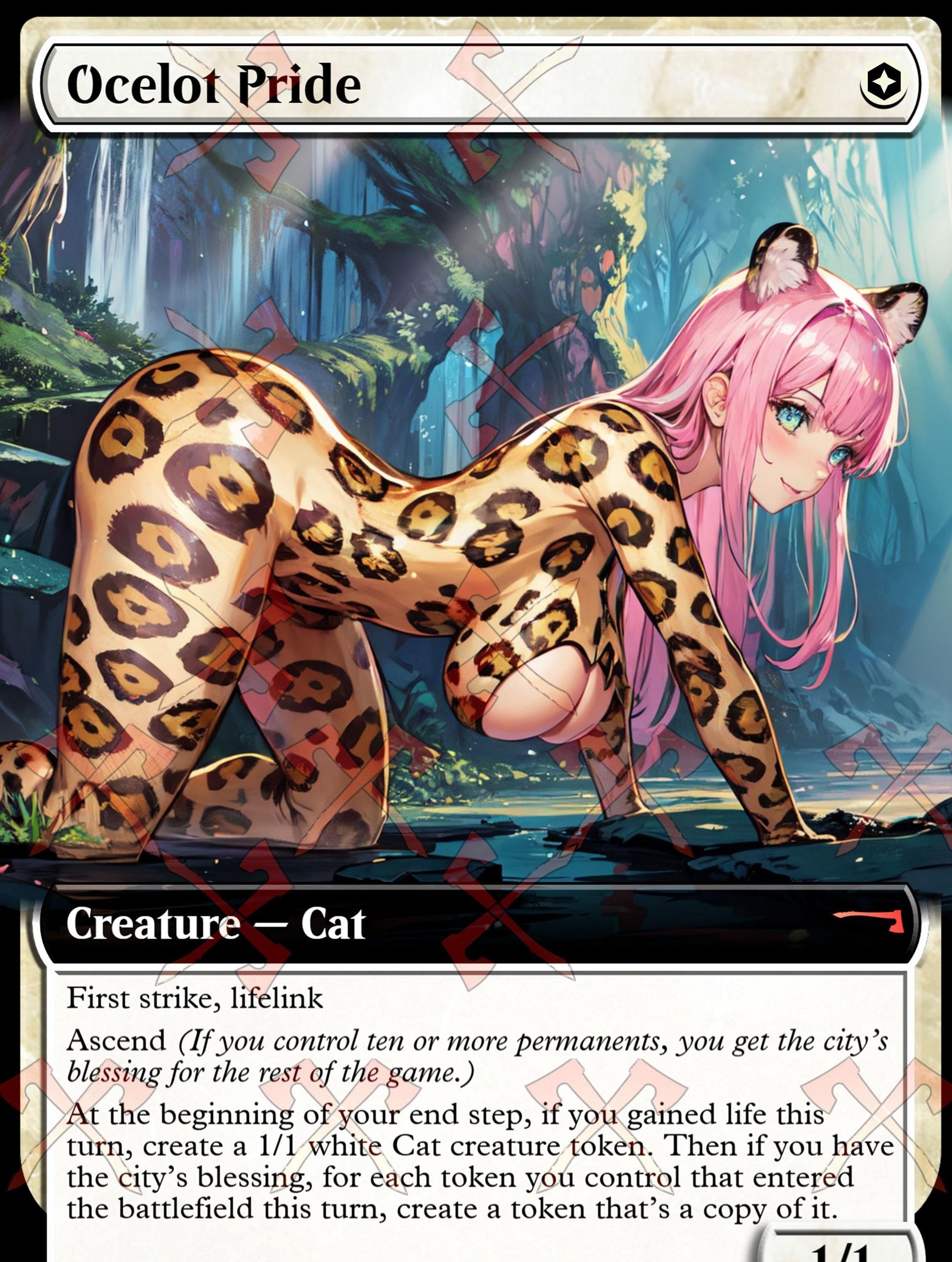 Sexy Ocelot Pride Magic the Gathering Proxy Card featuring a stunning anime-inspired waifu design.