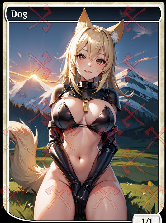 Sexy Dog Token for Rin and Seri, Magic the Gathering Proxy Card featuring a stunning anime-inspired waifu design. This custom fantasy art card is perfect for MTG collectors and fans of altered art.