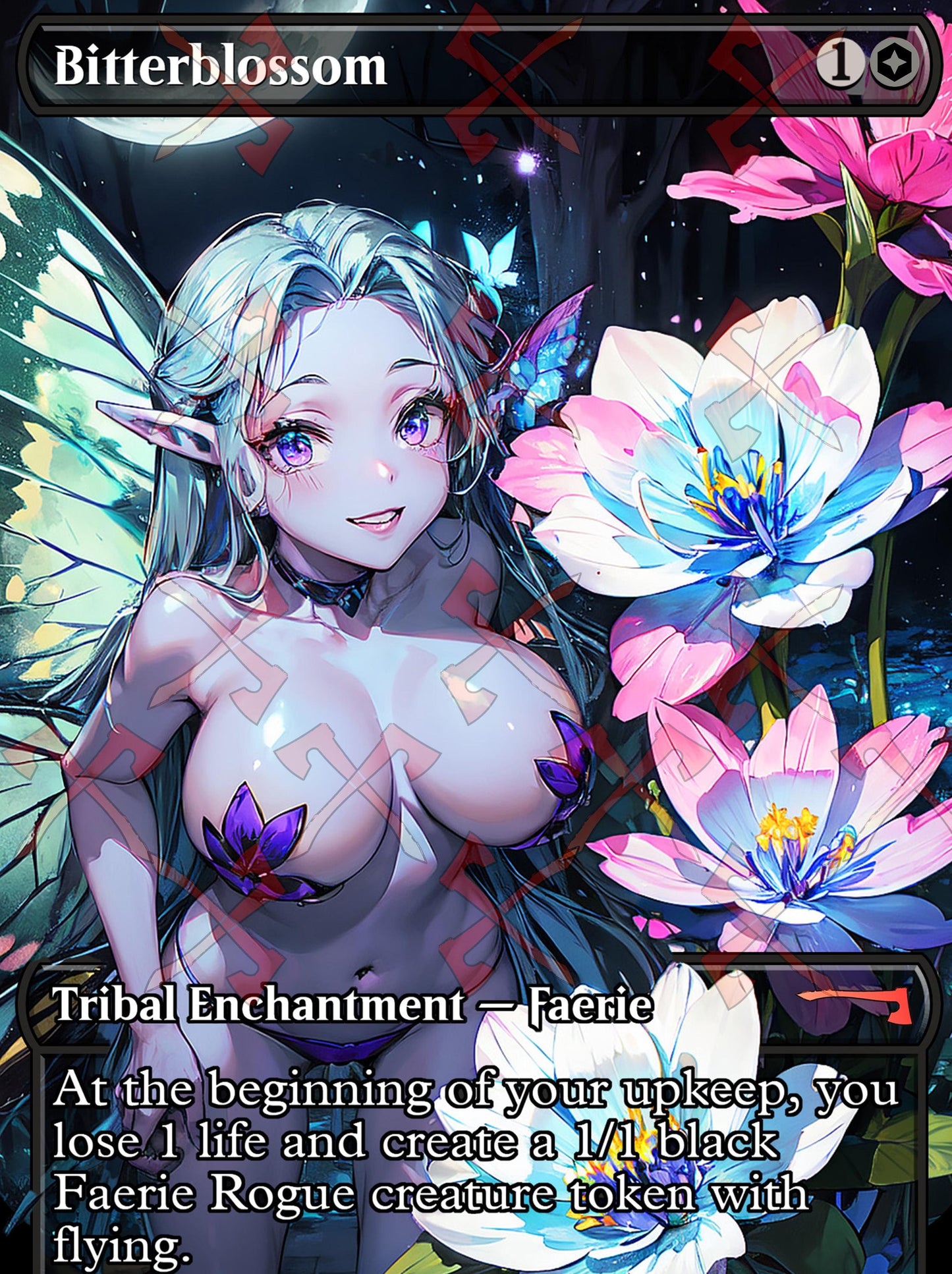 Bitterblossom features a beautiful woman in detailed fantasy art. Fairy with wings, flowers in background, waifu enchantment faerie rogue 1/1 black creature token