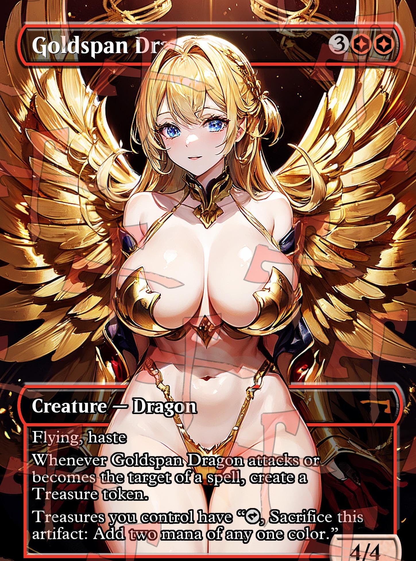 Sexy Goldspan Dragon Halloween Magic the Gathering Proxy Card featuring a stunning anime-inspired waifu design. This custom fantasy art card is perfect for MTG collectors and fans of altered art.