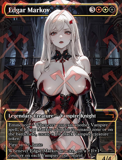 Sexy Edgar Markov Halloween Magic the Gathering Proxy Card featuring a stunning anime-inspired waifu design. This custom fantasy art card is perfect for MTG collectors and fans of altered art.