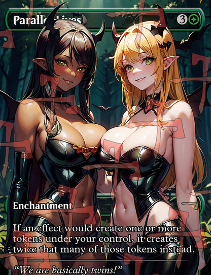 Sexy Parallel Lives Halloween Magic the Gathering Proxy Card featuring a stunning anime-inspired waifu design. This custom fantasy art card is perfect for MTG collectors and fans of altered art.