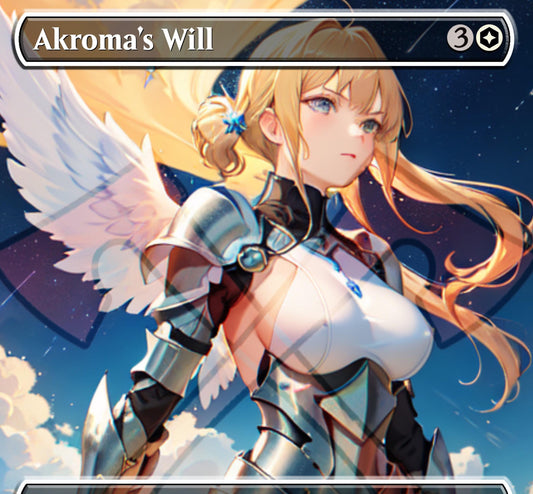 Angel waifu akroma&#39;s will with blue eyes and blonde hair fantasy design for magic the gathering proxy players