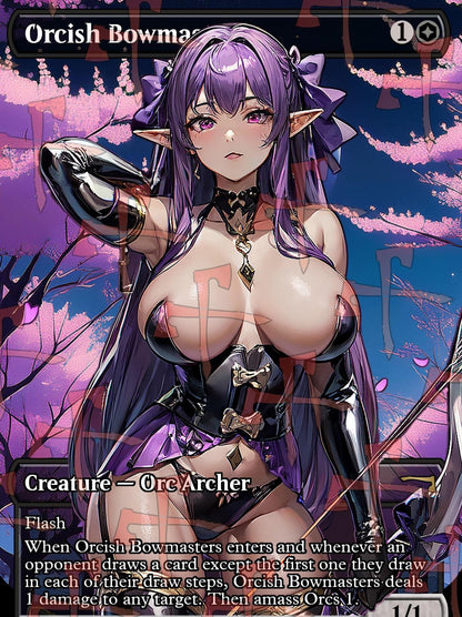 Sexy Orcish Bowmasters Magic the Gathering Proxy Card featuring a stunning anime-inspired waifu design. This custom fantasy art card is perfect for MTG collectors and fans of altered art.